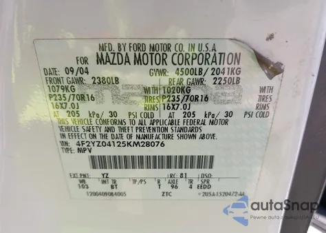 2005 Mazda Tribute S from USA, damaged, VIN 4F2YZ04125KM28076